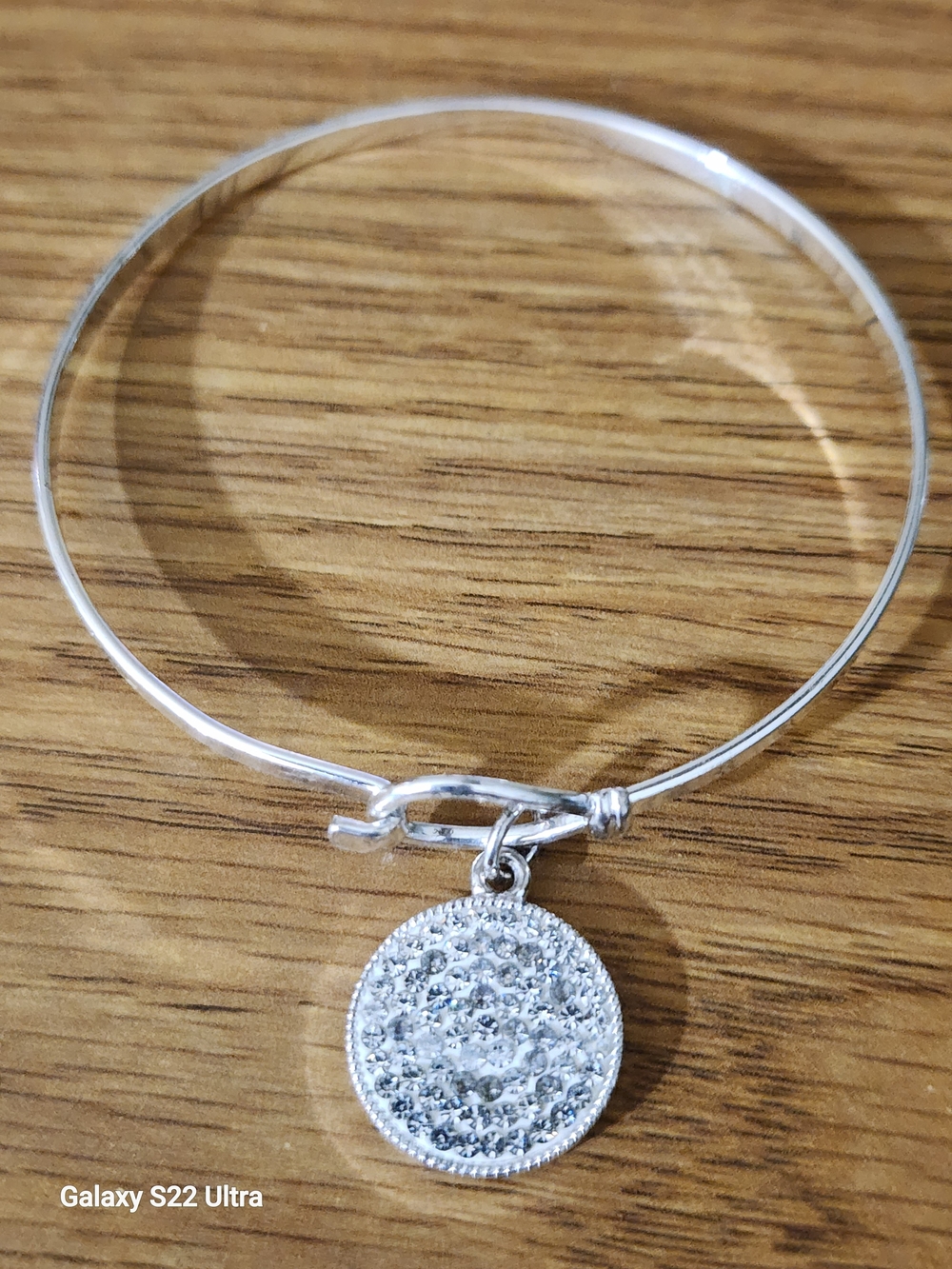 Silver Crystal Pave Disc Charm Bangle Bracelet - Silver